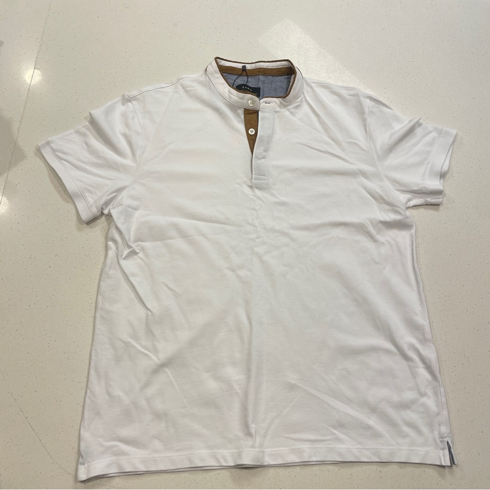 Zara White Polo Shirt with Brown Trim